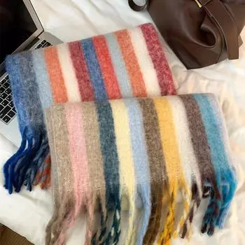 Rainbow Color Striped Wool Shawl Plush Cape Wraps Fashion Winter Mohair Scarves Women/Men