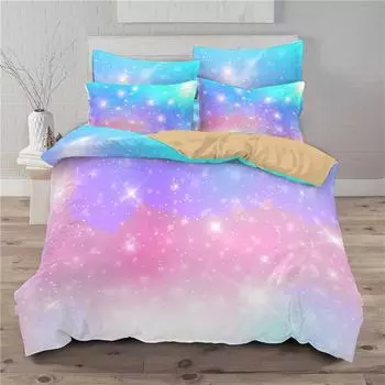 Rainbow Duvet Cover Set Cloud Sky Pink Blue 3D Print Bedding Set Queen Size Microfiber Golden Star Comforter Cover Bedroom Decor EU single(135x200cm)