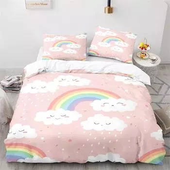 Rainbow Duvet Cover Set Colourful Rainbow White Cloud Pattern Cute Kawaii Polyester Comforter Cover King Queen Size for Girls 135x200cm 2pcs
