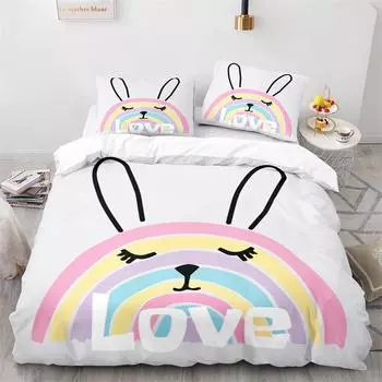 Rainbow Duvet Cover Set Love Rabbit Ear Cute Kawaii Pattern Comforter Cover King Queen Twin Full Size Polyester Bedding Sets 70x133cm 2pcs