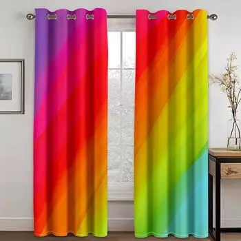 Rainbow Festival Stripes With Gradient Effects Featured Print 2 Pieces Shading Thin Window Curtains for Kids Living Room Bedroom W50 X H130(CM)X2&Hook
