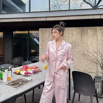 Rainbow Hot Diamond Spring and Autumn Ice Silk Pajamas, Cute Thin Women s High-end Home Clothing, Summer Can Be Worn Externally S розовый