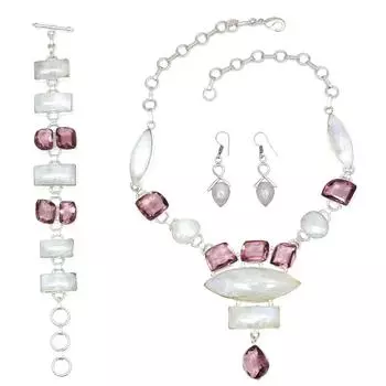 Rainbow Moonstone Amethyst Quartz Jewelry Necklace Set 16-18