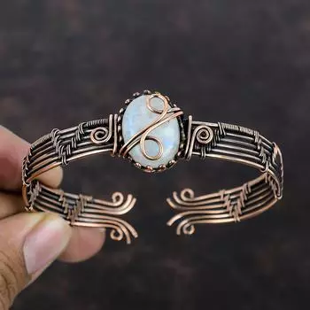 Rainbow Moonstone Bangle Copper Wire Wrapped Cuff Bracelet Adjustable Bracelet Handmade Copper Wire Cuff Bangle Moonstone Gemstone Jewelry