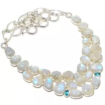 Rainbow Moonstone,Blue Topaz Gemstone Handmade 925 Silver Jewelry Necklace 18 JCN409-113