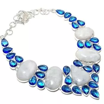 Rainbow Moonstone, Blue Topaz handmade 925 Sterling Silver Necklace 18 G3C46