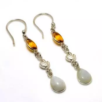 Ювелирная серьга с радужным лунным камнем и цитрином, посеребренная 925 пробы, 2,00 дюйма