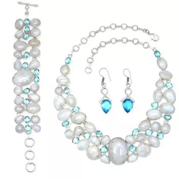 Rainbow Moonstone Facited Swiss Blue Quartz Jewelry Necklace Set 16-18