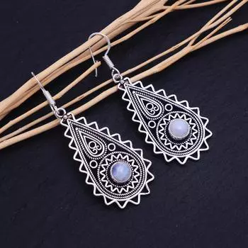 Серьги ручной работы из серебра 925 пробы с радужным лунным камнем 2,30 дюйма B6t78