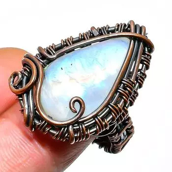 Радужный лунный камень, драгоценный камень, ювелирное кольцо ручной работы из медной проволоки, размер 7