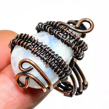 Радужный лунный камень, ювелирное кольцо ручной работы из медной проволоки, размер 8,5