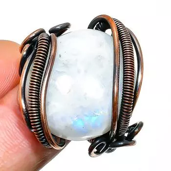 Ювелирное кольцо ручной работы из медной проволоки с радужным лунным камнем, размер 9