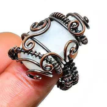 Радужный лунный камень, ювелирное кольцо ручной работы из медной проволоки, размер 9,5