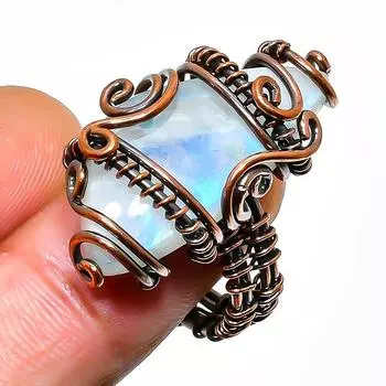 Радужный лунный камень, ювелирное кольцо ручной работы из медной проволоки, размер 7,5