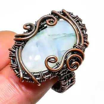 Радужный лунный камень драгоценный камень ручной работы медная проволока обертка ювелирное кольцо размер 5.5
