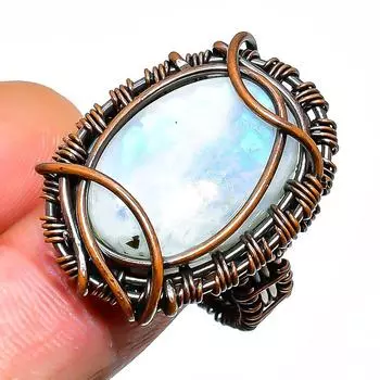 Радужный лунный камень, ювелирное кольцо ручной работы из медной проволоки, размер 7,5