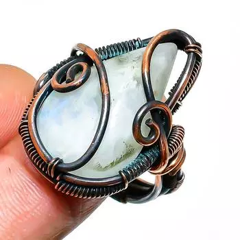Ювелирное кольцо ручной работы из медной проволоки с радужным лунным камнем, размер 9