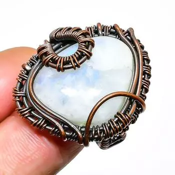 Радужный лунный камень, ювелирное кольцо ручной работы из медной проволоки, размер 7,5