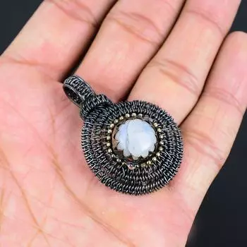 Подвеска из медной проволоки с радужным лунным камнем ручной работы для нее 1.77 inches белый