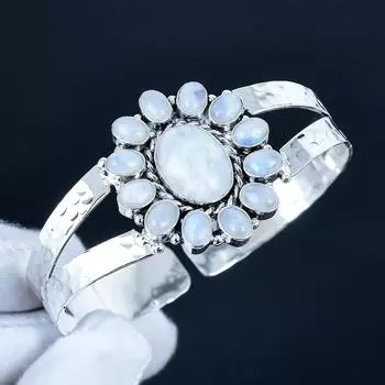 Rainbow Moonstone Gemstone Handmade Cuff Bangle 925 Sterling Silver Cuff Bangle, Moonstone Flower Shape Bracelet For Wife, Unisex Bangle, Gift 7 белый