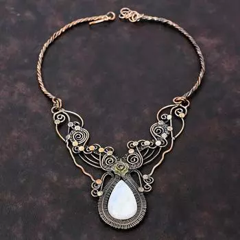 Радужное ожерелье из лунного камня, ожерелье из медной проволоки, регулируемое ожерелье, ручная работа, ювелирные изделия из проволоки, подарок для женщин, ожерелье из драгоценных камней