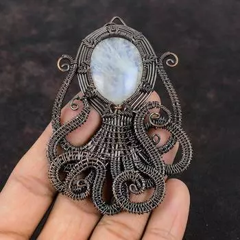 Rainbow Moonstone Pendant Copper Wire Wrapped Gemstone Pendant Octopus Pendant Copper Wire Wrap Jewelry Gift For Her Handmade Unique Pendant