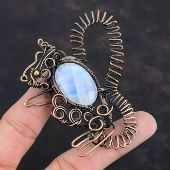 Подвеска Rainbow Moonstone, медная проволочная обертка, подвеска с драгоценным камнем, подвеска в виде кролика, медные украшения, подвеска ручной работы, проволочная обертка, подарок для него