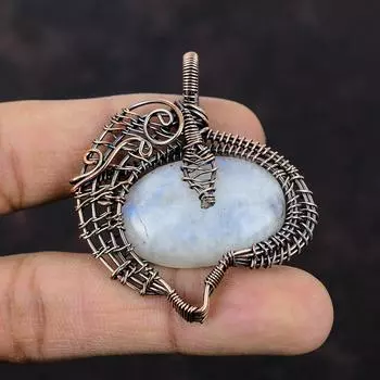 Подвеска Rainbow Moonstone, подвеска из медной проволоки с драгоценным камнем, подвеска ручной работы в стиле бохо, медная бижутерия, подвеска для подарка, ювелирные изделия с проволочной обмоткой