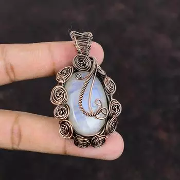 Подвеска Rainbow Moonstone, медная проволочная обертка, подвеска из драгоценного камня, ручная работа, медные украшения, подарок для мамы, изящная подвеска, проволочная обертка, ювелирные изделия