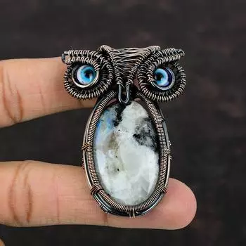 Подвеска с радужным лунным камнем, подвеска из медной проволоки, ювелирное изделие ручной работы, подвеска от сглаза синего цвета, подвеска в виде совы, драгоценный камень, медное ювелирное изделие в подарок