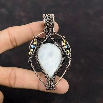 Подвеска Rainbow Moonstone, подвеска из медной проволоки, подвеска из драгоценных камней, подвеска ручной работы из титановых бусин, подвеска в подарок маме, ювелирные изделия из медной проволоки