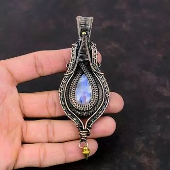 Подвеска Rainbow Moonstone, подвеска из медной проволоки, медные украшения ручной работы, подвеска из настоящего драгоценного камня, свадебный подарок, изящные ювелирные изделия из проволоки