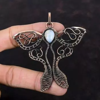Подвеска Rainbow Moonstone, подвеска из медной проволоки, ювелирное изделие ручной работы, подвеска-бабочка, уникальное медное ювелирное изделие, подвеска из драгоценного камня, подарок для мамы