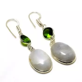 Ювелирные серьги с радужным лунным камнем и перидотом 925 пробы, посеребренные, 2,00 дюйма