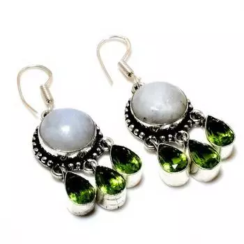 Ювелирная серьга с радужным лунным камнем и перидотом, посеребренная 925 пробы, 1,70 дюйма