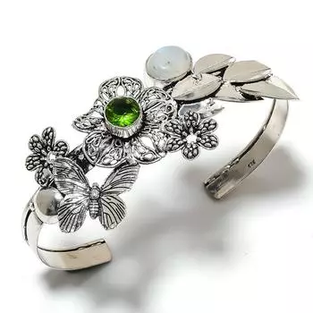 Rainbow Moonstone, Peridot Gemstone 925 Sterling Silver Cuff Bangle Adj. f8P30