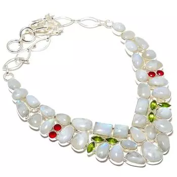 Rainbow Moonstone, Peridot, Ruby Gemstone Handmade 925 Silver Necklace 18 JCN326-139