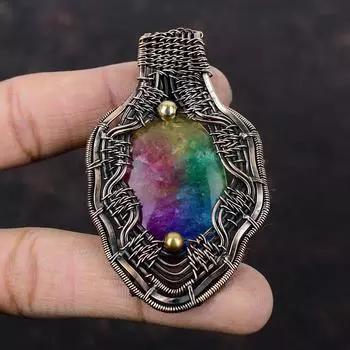 Rainbow Solar Quartz Druzy Pendant Copper Wire Wrapped Pendant Original Gemstone Pendant Handmade Boho Style Pendant Copper Jewelry For Gift