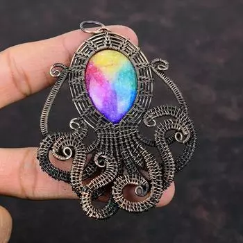 Rainbow Solar Quartz Druzy Pendant Copper Wire Wrapped Pendant Handmade Copper Jewelry Amazing Octopus Pendant Gemstone Jewelry Gift For Mom