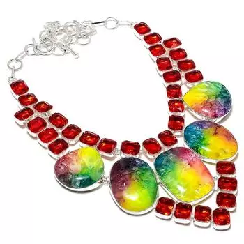 Rainbow Solar Quartz, Garnet Handmade 925 Sterling Silver Gift Necklace 18 b1z06