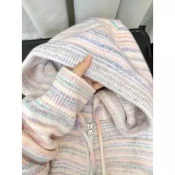 Rainbow Stripes 2024 New Best Selling Hooded Knit Cardigan Pink L