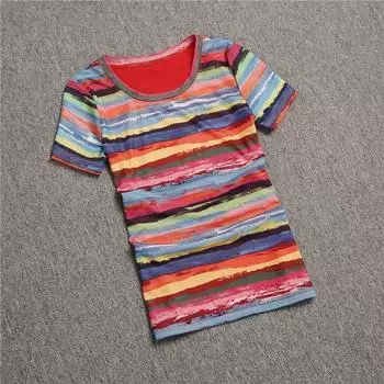 Rainbow Stripes Mesh Floral Print Short Sleeve Silm T-Shirt Color S