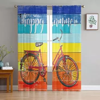 Rainbow Wood Grain Bicycle Retro Tulle Curtain Voile Transparent Tulle for Bedroom Living Room Kitchen Sheer Window Curtains W135 x H114cm