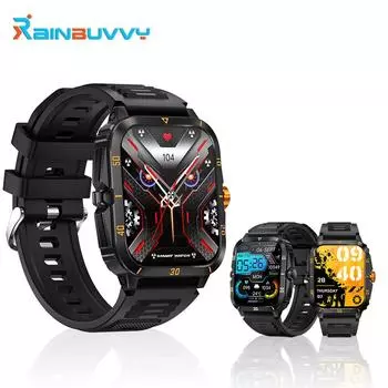 Rainbuvvy KT71 прочные смарт-часы для активного отдыха на открытом воздухе с функцией Bluetooth-звонка, мониторинга сердечного ритма и сна, отслеживания информации, сенсорного экрана 1,96 дюйма, трекера здоровья чёрный