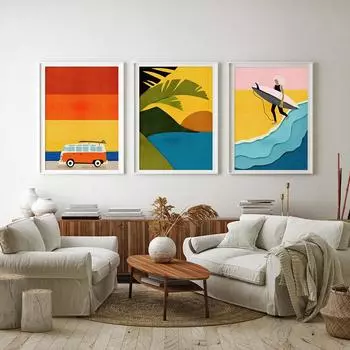 Рай для серфинга, приключение, картина маслом, плакат для отпуска, кемпинга, рай для серфинга, побережье океана, летняя атмосфера, печать изображения 21cm30cm NoFrame