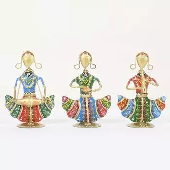 Rajasthani Artisan Musician Showpiece (Set of 3) | Home Decor for Living Room | Interior Decoration | Unique Tribal Music Decor (Multicolor)