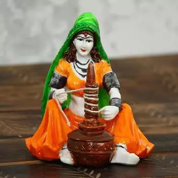 Rajasthani Lady Using Makhan Handi Polyresin Statue (10 cm x 12.5 cm x 15 cm)