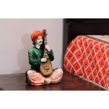 Rajasthani Playing Sitar Musical Instrument Polyresin Statue (Red and Brown)