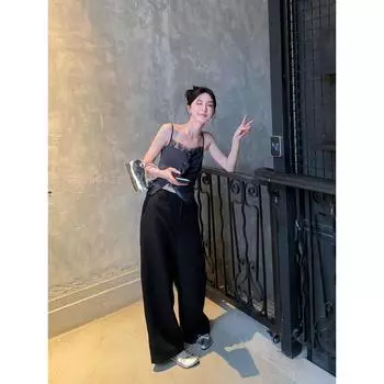 Район Оуян Черный бархатный жилет на бретелях-спагетти Женский летний новый уличный сексуальный приталенный короткий кружевной топ