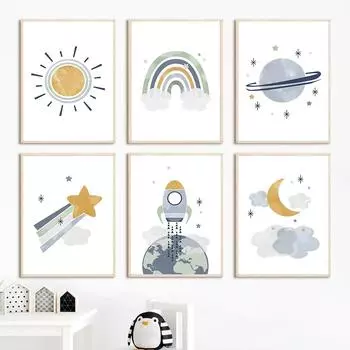 Ракета Планета Солнце Луна Радуга Звезды Облако Плакаты на скандинавскую тему и принты Настенная живопись на холсте Настенные картины Детская комната Домашний декор 21cm30cm NoFrame